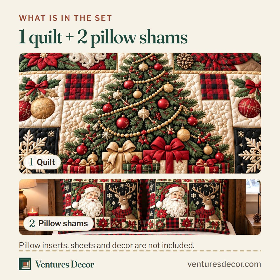 What is in the set: one quilt and two pillow shams, shown in the Festive Patchwork design
