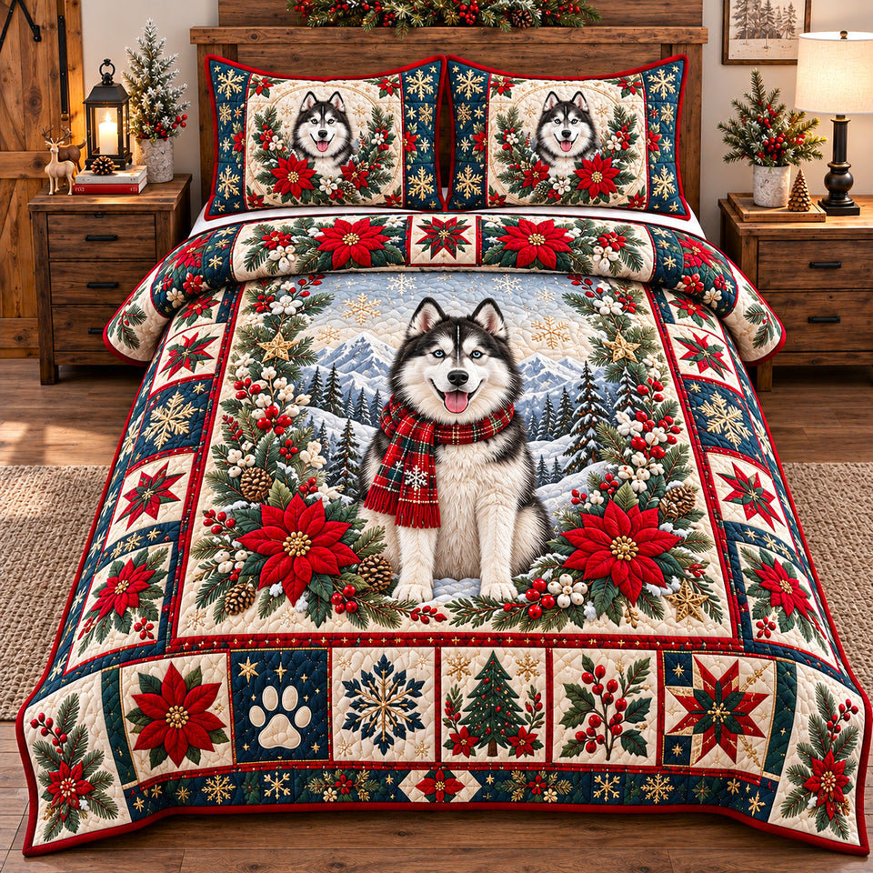 Festive Poinsettia Husky quilted bedding set, quilt and two pillow shams on a made bed
