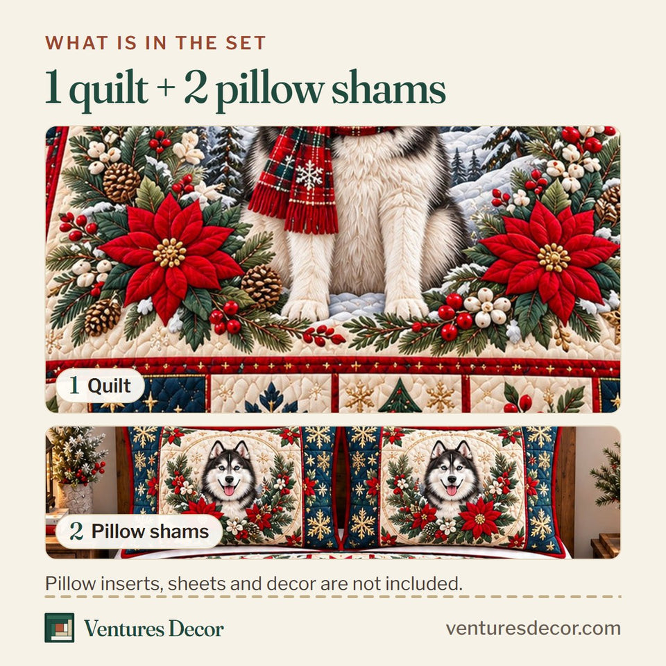 What is in the set: one quilt and two pillow shams, shown in the Christmas Festive Poinsettia Husky Quilt Set, 3-Piece Quilted Bedding with 2 Pillow Shams design