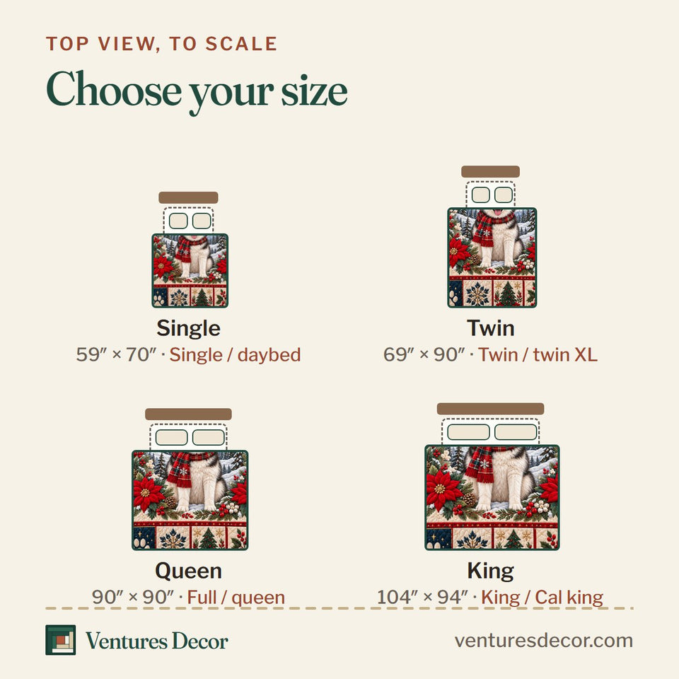 Size guide for the Christmas Festive Poinsettia Husky Quilt Set, 3-Piece Quilted Bedding with 2 Pillow Shams quilt, top view to scale: Single 59 x 70 in, Twin 69 x 90 in, Queen 90 x 90 in, King 104 x 94 in