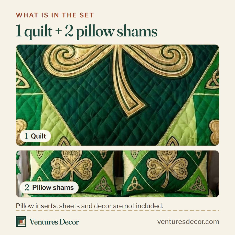 What is in the set: one quilt and two pillow shams, shown in the Festive Shamrock design