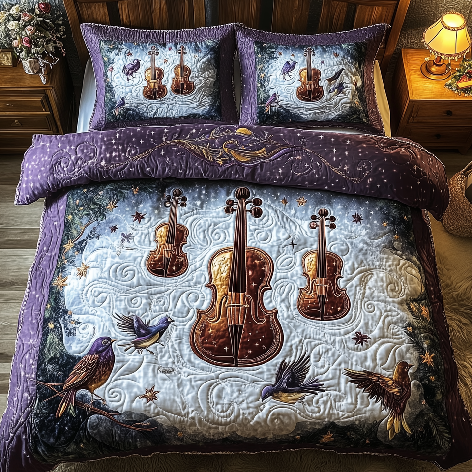 Festive String Deep Purple Bird Chorus quilted bedding set, quilt and two pillow shams on a made bed