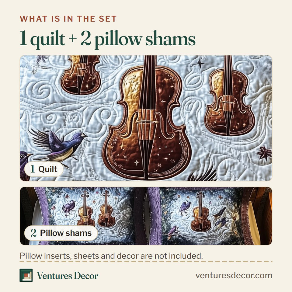 What is in the set: one quilt and two pillow shams, shown in the Festive String Deep Purple Bird Chorus design