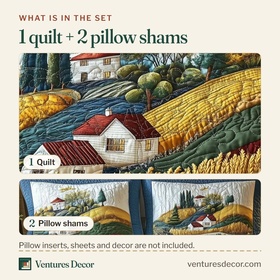 What is in the set: one quilt and two pillow shams, shown in the Fields of Bliss design