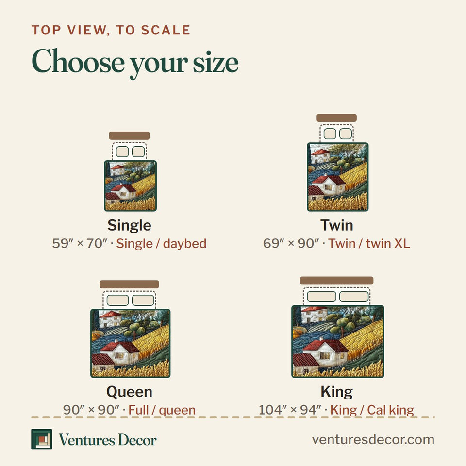 Size guide for the Fields of Bliss quilt, top view to scale: Single 59 x 70 in, Twin 69 x 90 in, Queen 90 x 90 in, King 104 x 94 in