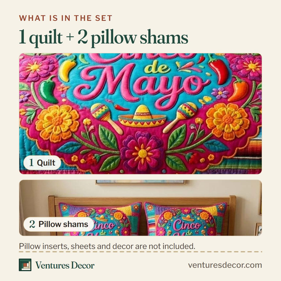 What is in the set: one quilt and two pillow shams, shown in the Fiesta Bloom Cinco Celebration design