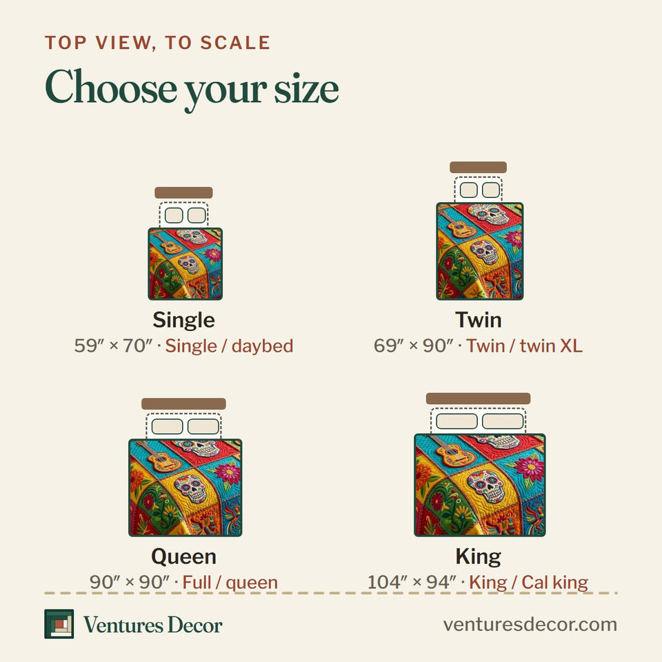 Size guide for the Fiesta Nights quilt, top view to scale: Single 59 x 70 in, Twin 69 x 90 in, Queen 90 x 90 in, King 104 x 94 in