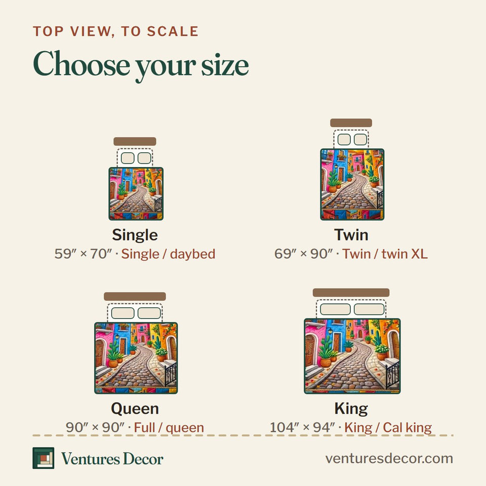 Size guide for the Fiesta Village Street quilt, top view to scale: Single 59 x 70 in, Twin 69 x 90 in, Queen 90 x 90 in, King 104 x 94 in