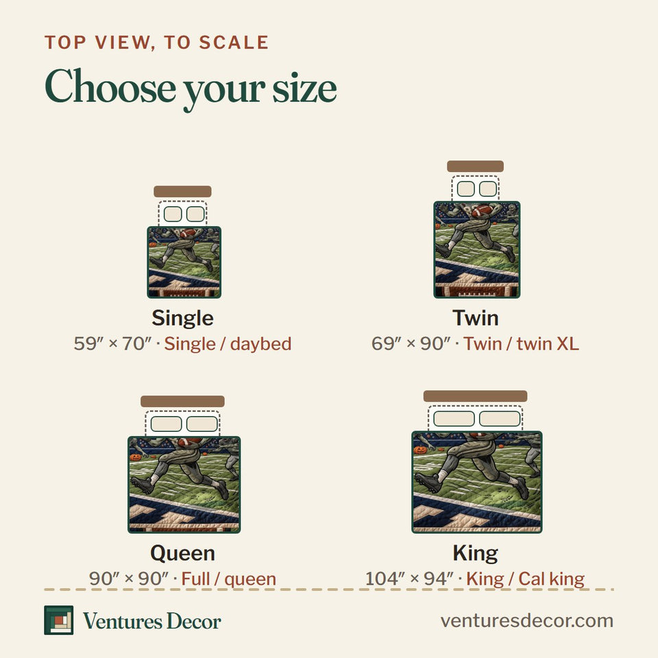 Size guide for the Final Play quilt, top view to scale: Single 59 x 70 in, Twin 69 x 90 in, Queen 90 x 90 in, King 104 x 94 in