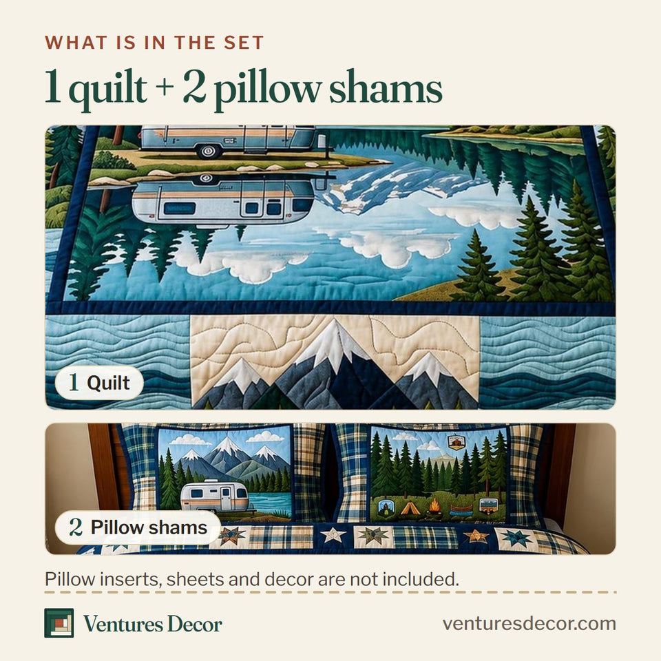 What is in the set: one quilt and two pillow shams, shown in the Find Your Adventure Lake design