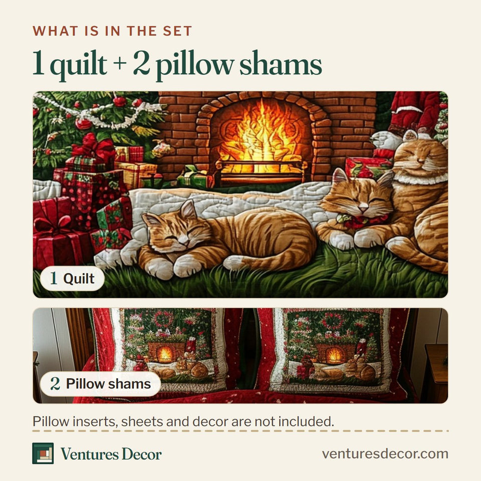 What is in the set: one quilt and two pillow shams, shown in the Fireside Christmas Cats design