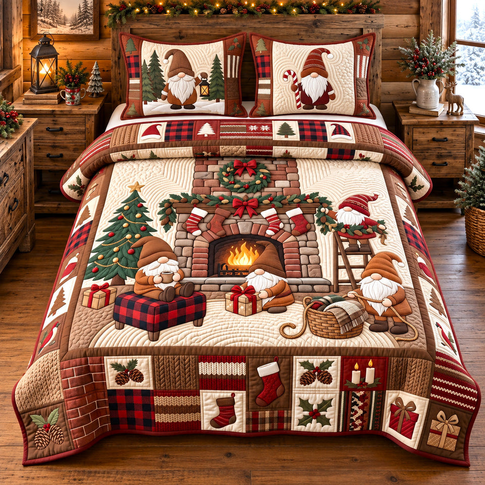 Fireside Christmas Gnomes quilted bedding set, quilt and two pillow shams on a made bed
