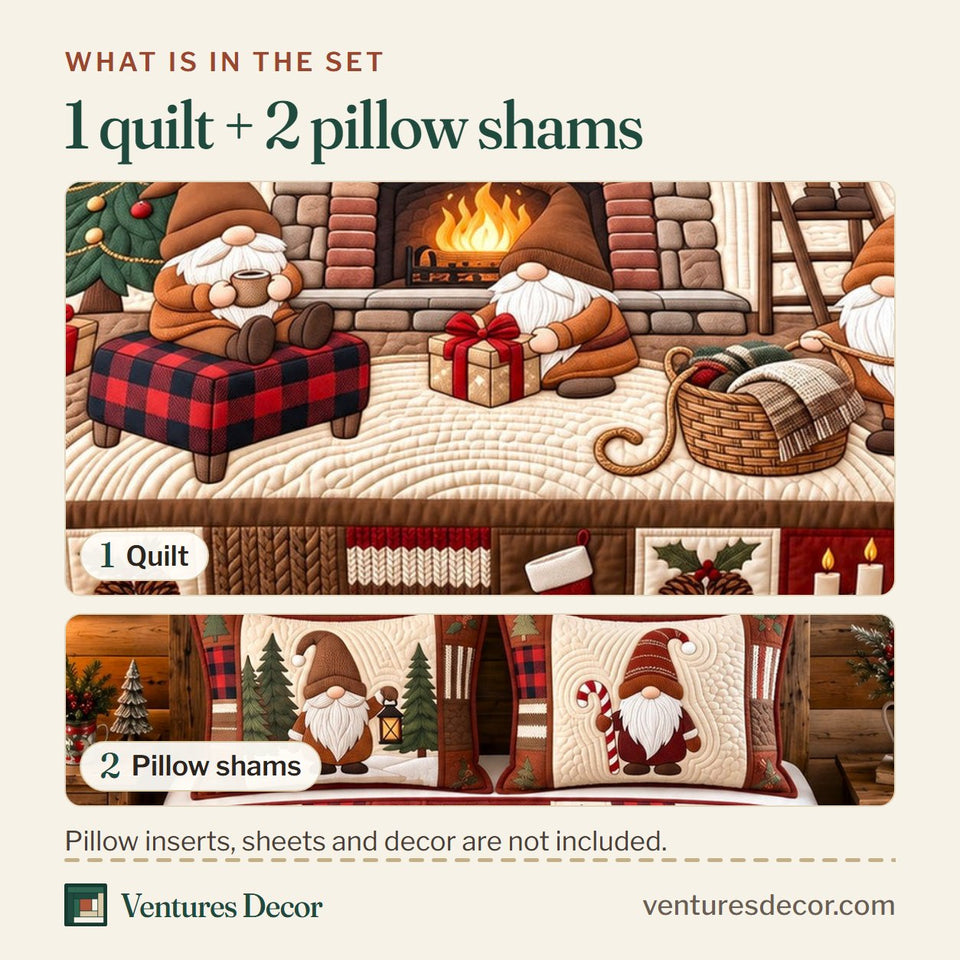 What is in the set: one quilt and two pillow shams, shown in the Fireside Christmas Gnomes Quilt Set, 3-Piece Quilted Bedding with 2 Pillow Shams design