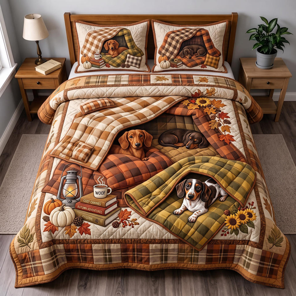 Fireside Dachshund Plaid Nook quilted bedding set, quilt and two pillow shams on a made bed