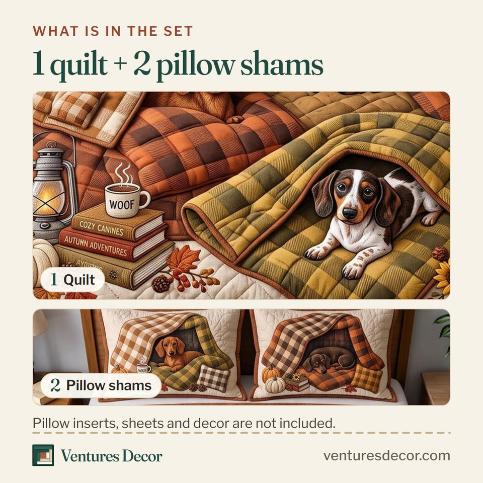 What is in the set: one quilt and two pillow shams, shown in the Fireside Dachshund Plaid Nook design