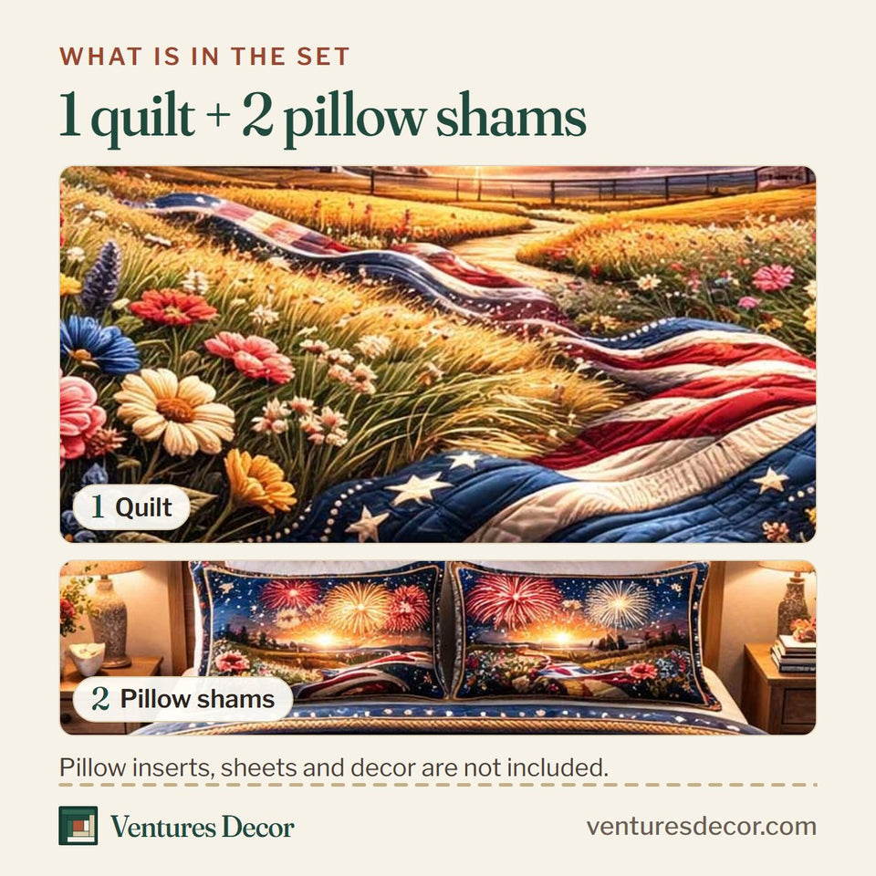 What is in the set: one quilt and two pillow shams, shown in the Fireworks Freedom Meadow design