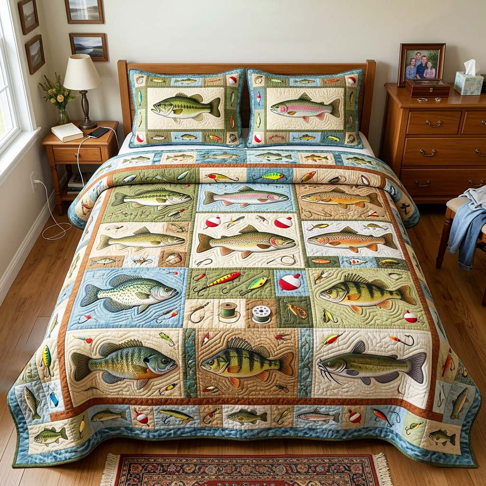 Fish Patch quilted bedding set, quilt and two pillow shams on a made bed