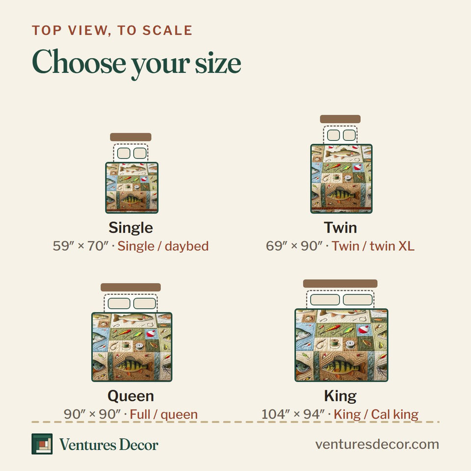 Size guide for the Fish Patch quilt, top view to scale: Single 59 x 70 in, Twin 69 x 90 in, Queen 90 x 90 in, King 104 x 94 in