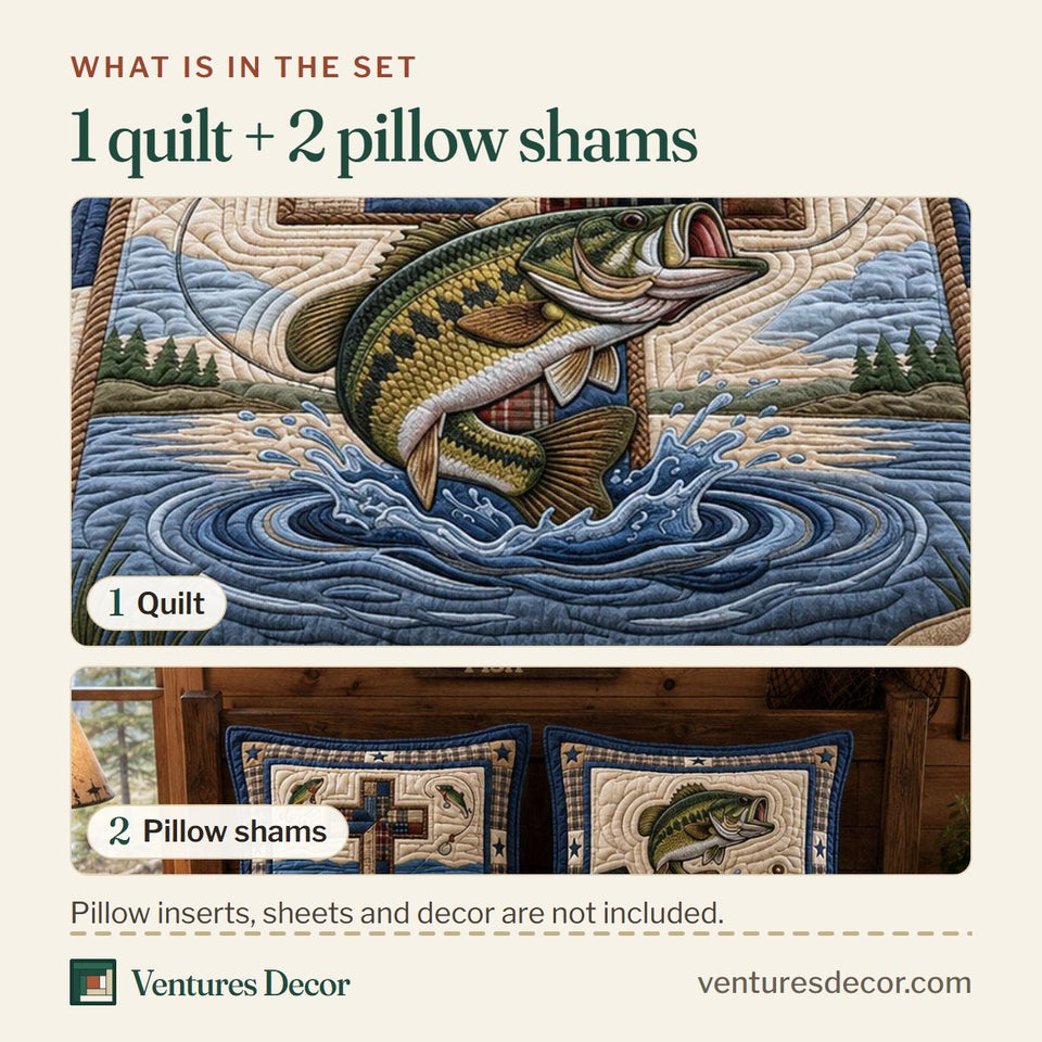 What is in the set: one quilt and two pillow shams, shown in the Fisher Of Men Cross Above Swirling Water design