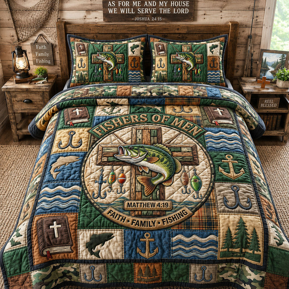 Fisher Of Men Faith Family Fishing Blocks quilted bedding set, quilt and two pillow shams on a made bed