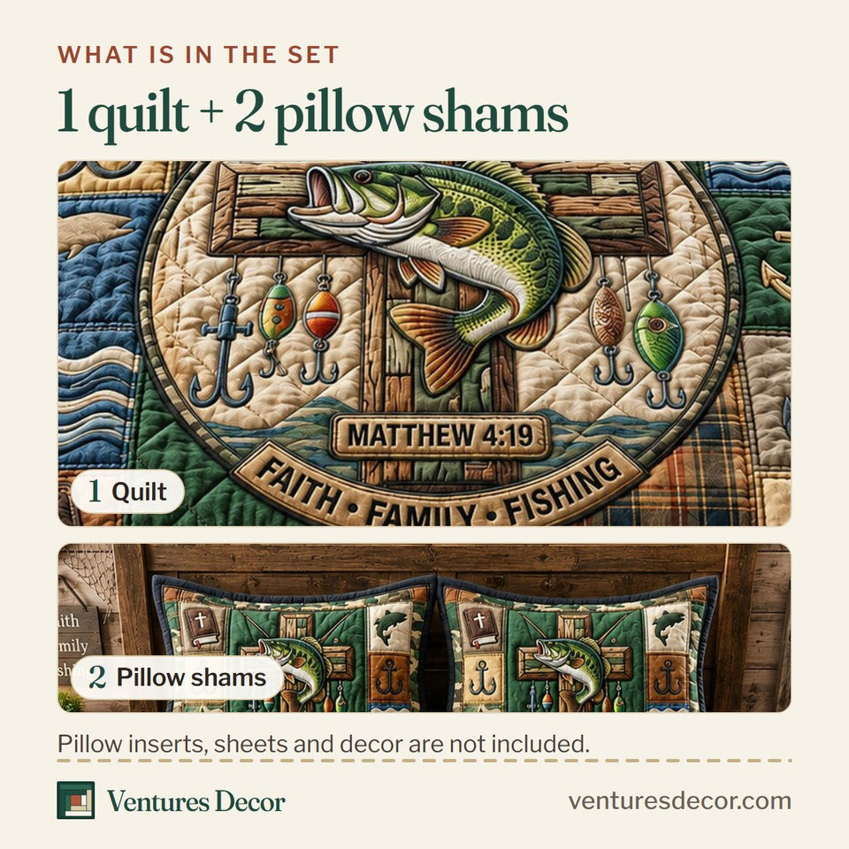 What is in the set: one quilt and two pillow shams, shown in the Fisher Of Men Faith Family Fishing Blocks design