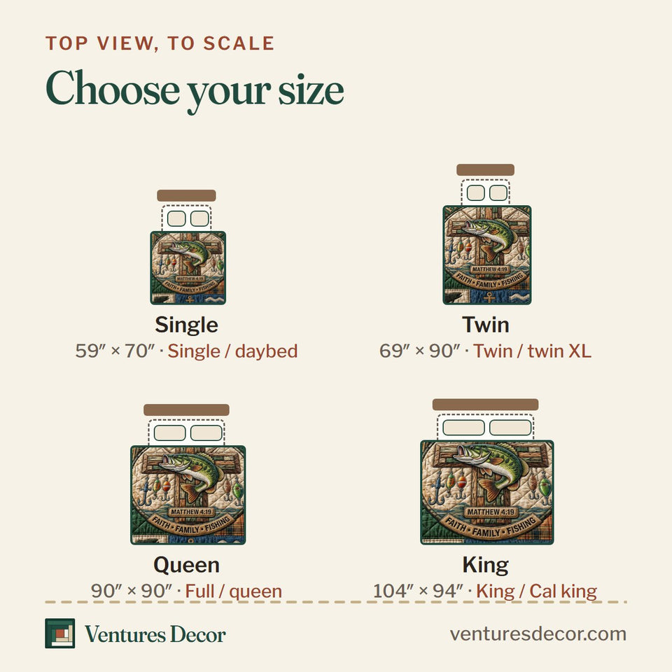 Size guide for the Fisher Of Men Faith Family Fishing Blocks quilt, top view to scale: Single 59 x 70 in, Twin 69 x 90 in, Queen 90 x 90 in, King 104 x 94 in
