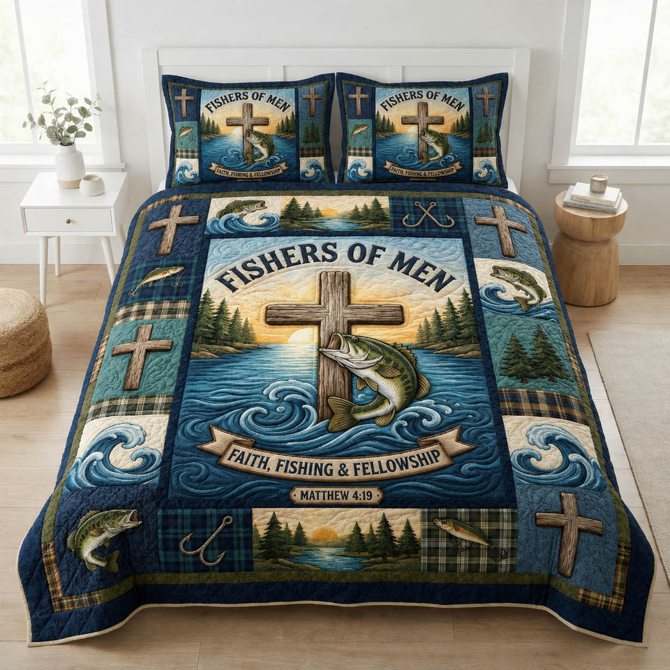 Fisher Of Men Lakeside Sunrise Cross quilted bedding set, quilt and two pillow shams on a made bed