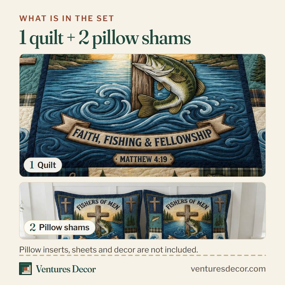 What is in the set: one quilt and two pillow shams, shown in the Fisher Of Men Lakeside Sunrise Cross design