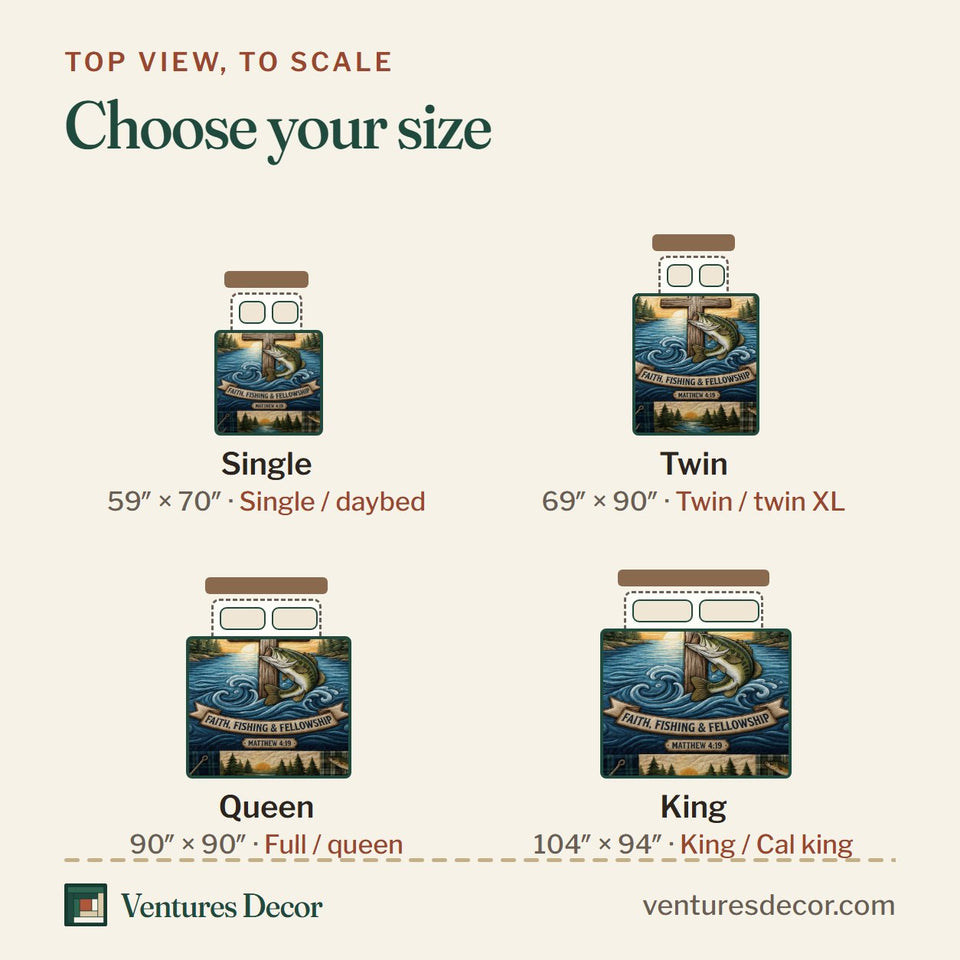 Size guide for the Fisher Of Men Lakeside Sunrise Cross quilt, top view to scale: Single 59 x 70 in, Twin 69 x 90 in, Queen 90 x 90 in, King 104 x 94 in