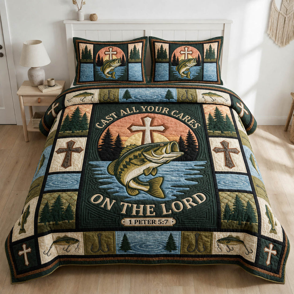 Fisher Of Men Sunset Circle Cast Your Cares quilted bedding set, quilt and two pillow shams on a made bed