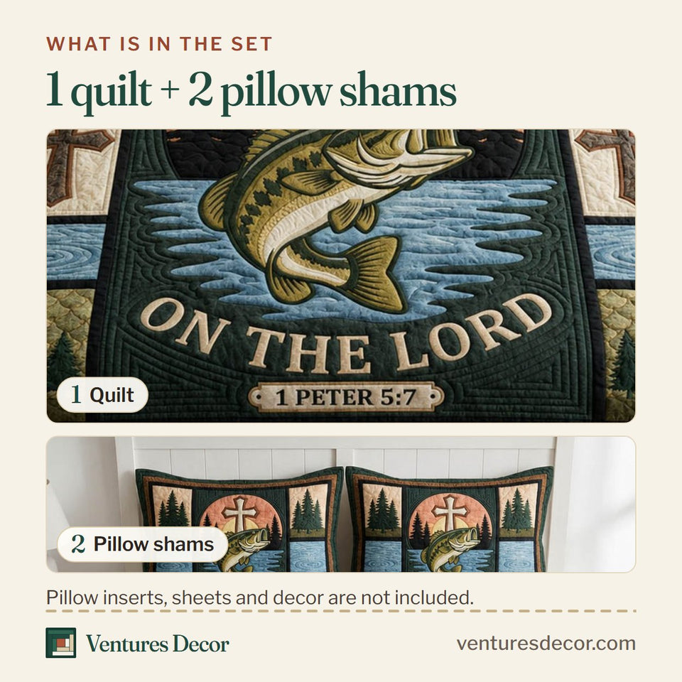 What is in the set: one quilt and two pillow shams, shown in the Fisher Of Men Sunset Circle Cast Your Cares design