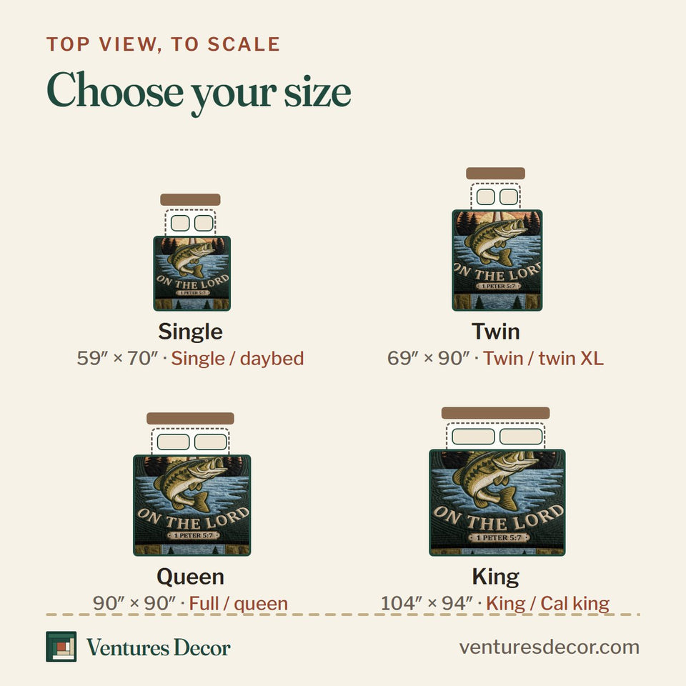 Size guide for the Fisher Of Men Sunset Circle Cast Your Cares quilt, top view to scale: Single 59 x 70 in, Twin 69 x 90 in, Queen 90 x 90 in, King 104 x 94 in
