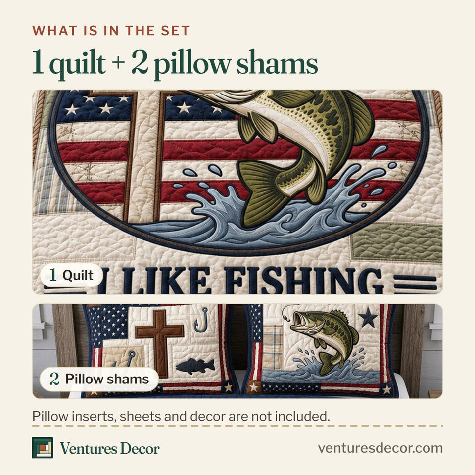 What is in the set: one quilt and two pillow shams, shown in the Fishing And Jesus design