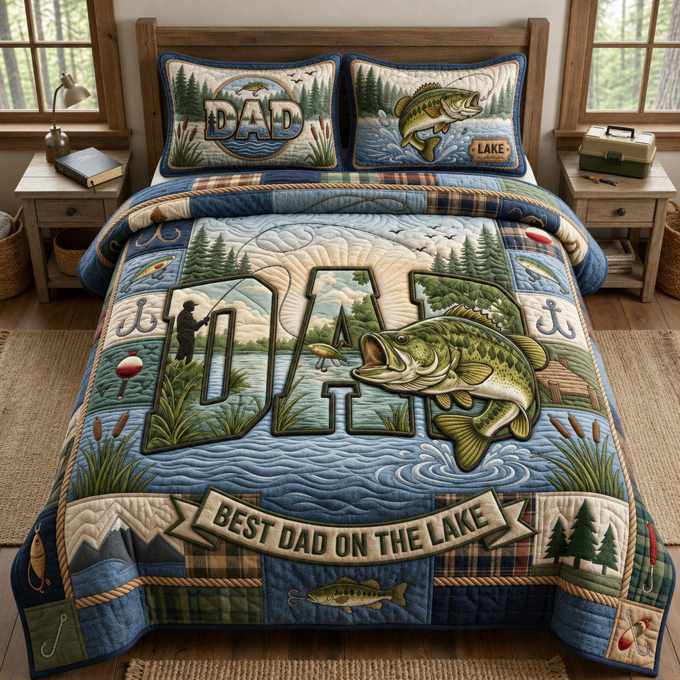 Fishing Dad quilted bedding set, quilt and two pillow shams on a made bed