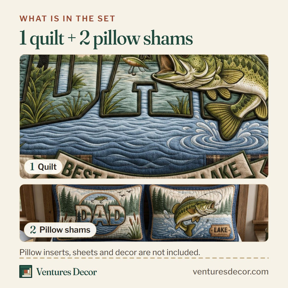 What is in the set: one quilt and two pillow shams, shown in the Fishing Dad design
