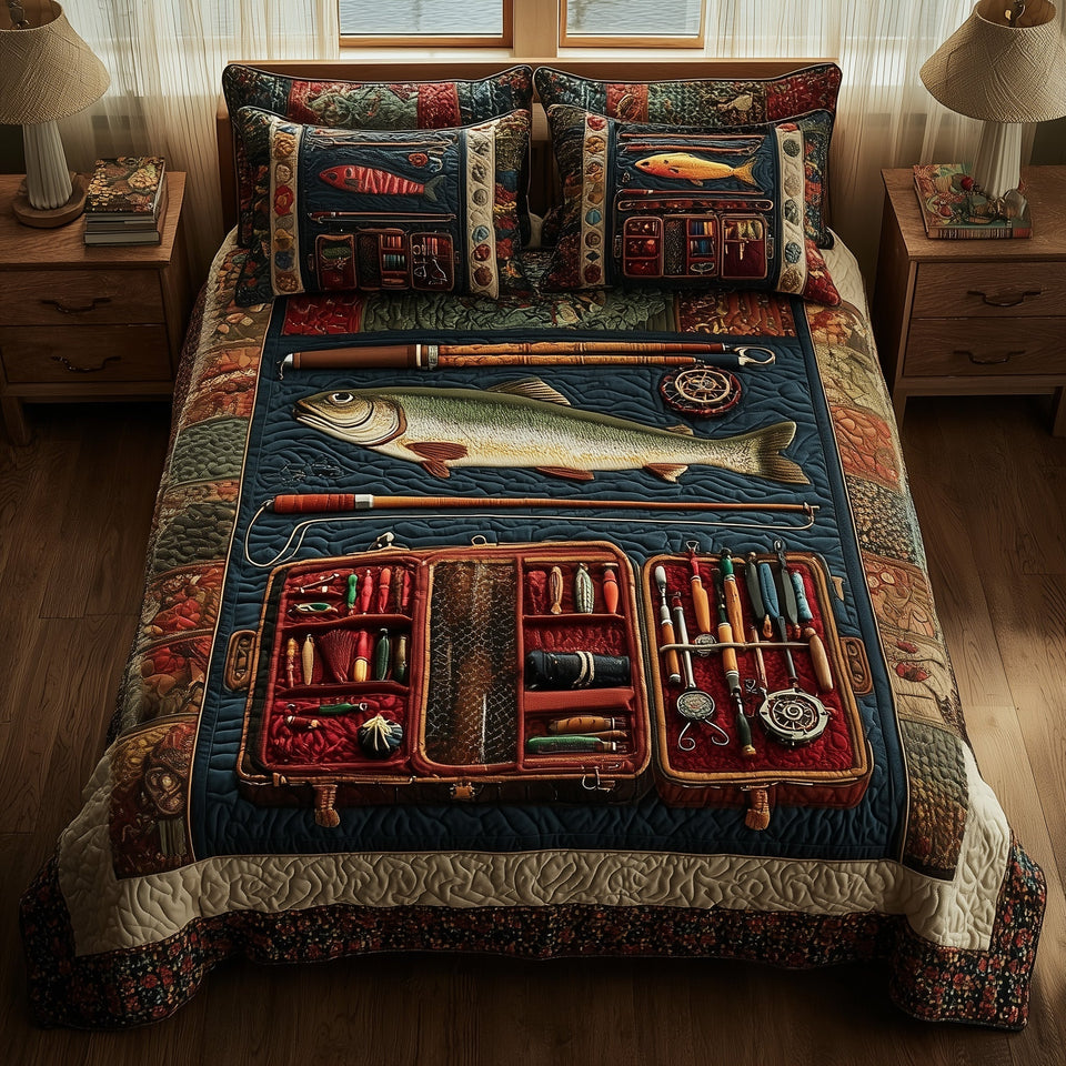 Fishing Delights Open Tackle Box quilted bedding set, quilt and two pillow shams on a made bed