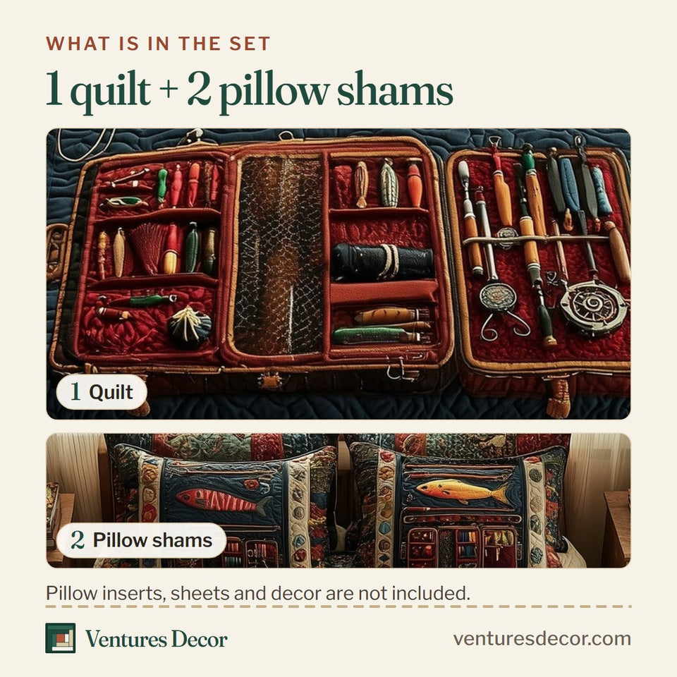 What is in the set: one quilt and two pillow shams, shown in the Fishing Delights Open Tackle Box design