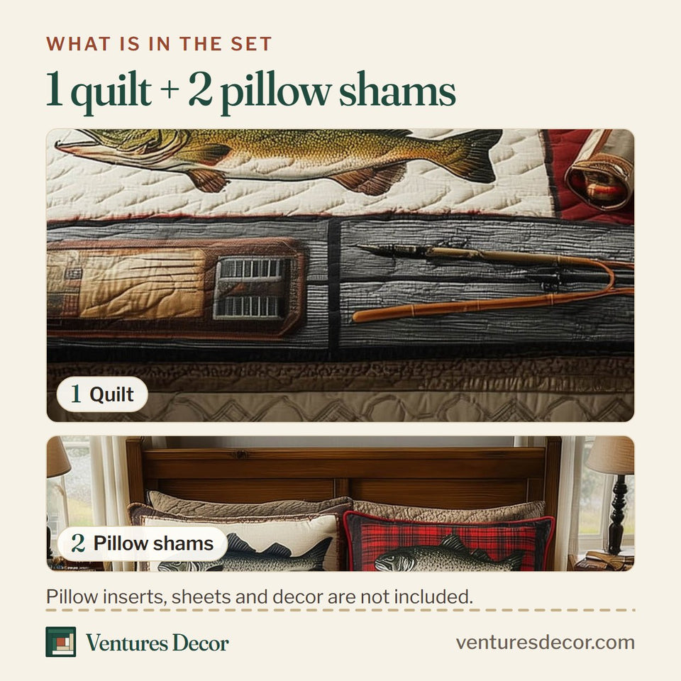 What is in the set: one quilt and two pillow shams, shown in the Fishing Delights Red Panel Rod Case design