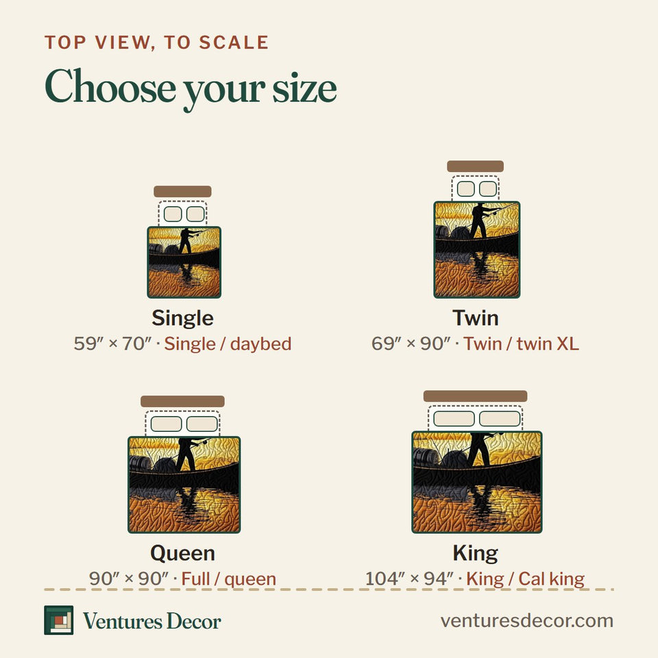 Size guide for the Fishing Delights Sunset Boat Silhouette quilt, top view to scale: Single 59 x 70 in, Twin 69 x 90 in, Queen 90 x 90 in, King 104 x 94 in