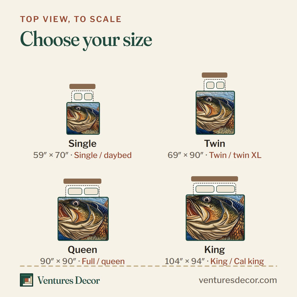 Size guide for the Fishing Life Dawn Sky Wide Mouth quilt, top view to scale: Single 59 x 70 in, Twin 69 x 90 in, Queen 90 x 90 in, King 104 x 94 in