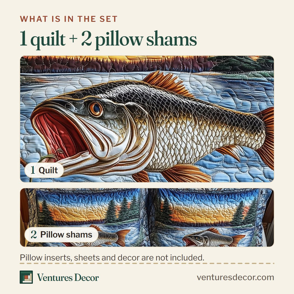 What is in the set: one quilt and two pillow shams, shown in the Fishing Life Framed Lakeside Panel design