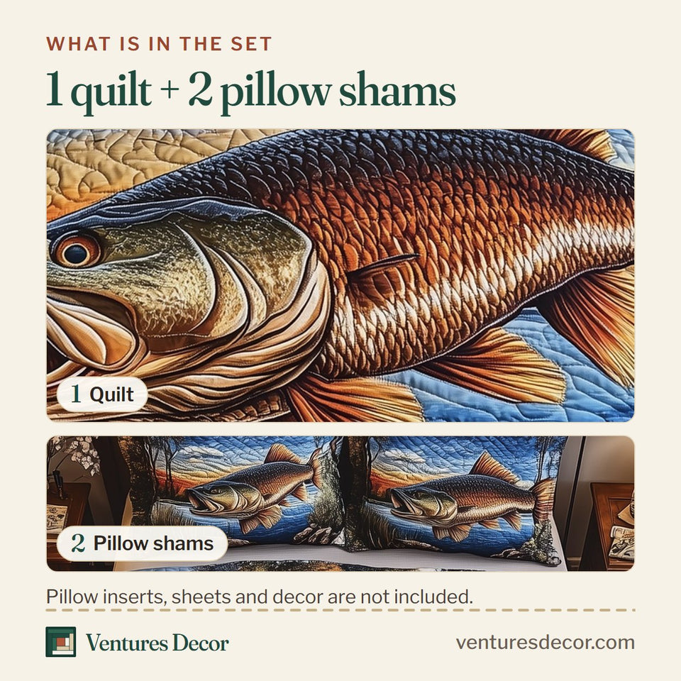 What is in the set: one quilt and two pillow shams, shown in the Fishing Life Striped Sky Shallows design