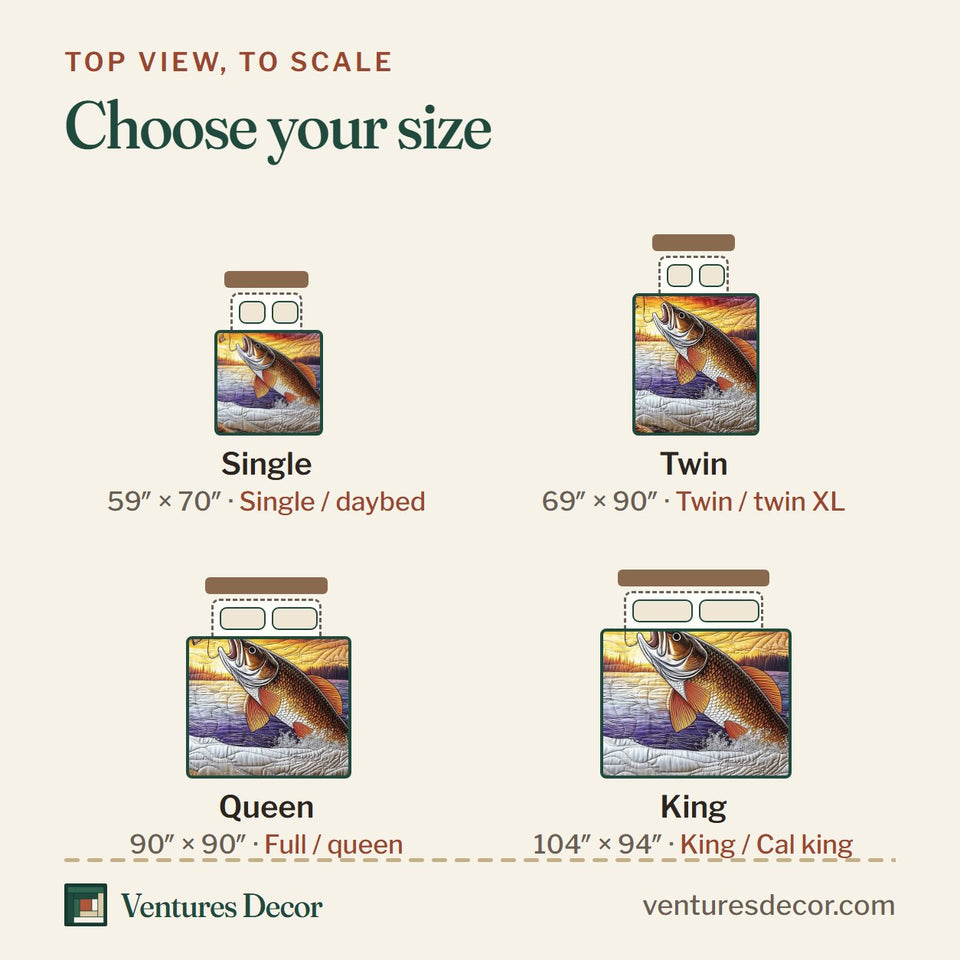 Size guide for the Fishing Life Violet Dawn Pines quilt, top view to scale: Single 59 x 70 in, Twin 69 x 90 in, Queen 90 x 90 in, King 104 x 94 in