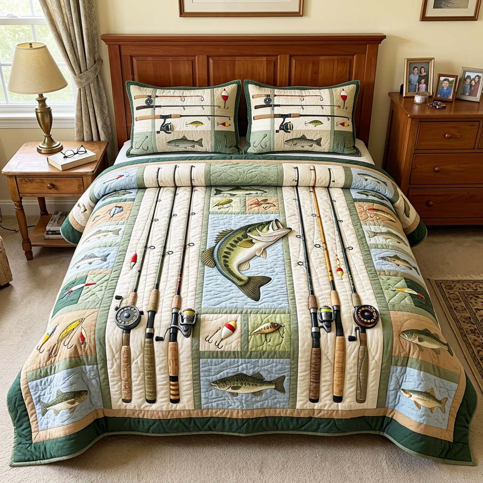 Fishing Rods quilted bedding set, quilt and two pillow shams on a made bed