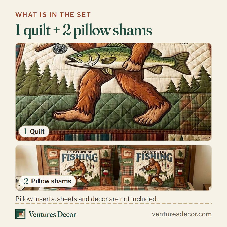 What is in the set: one quilt and two pillow shams, shown in the Fishing Sasquatch design