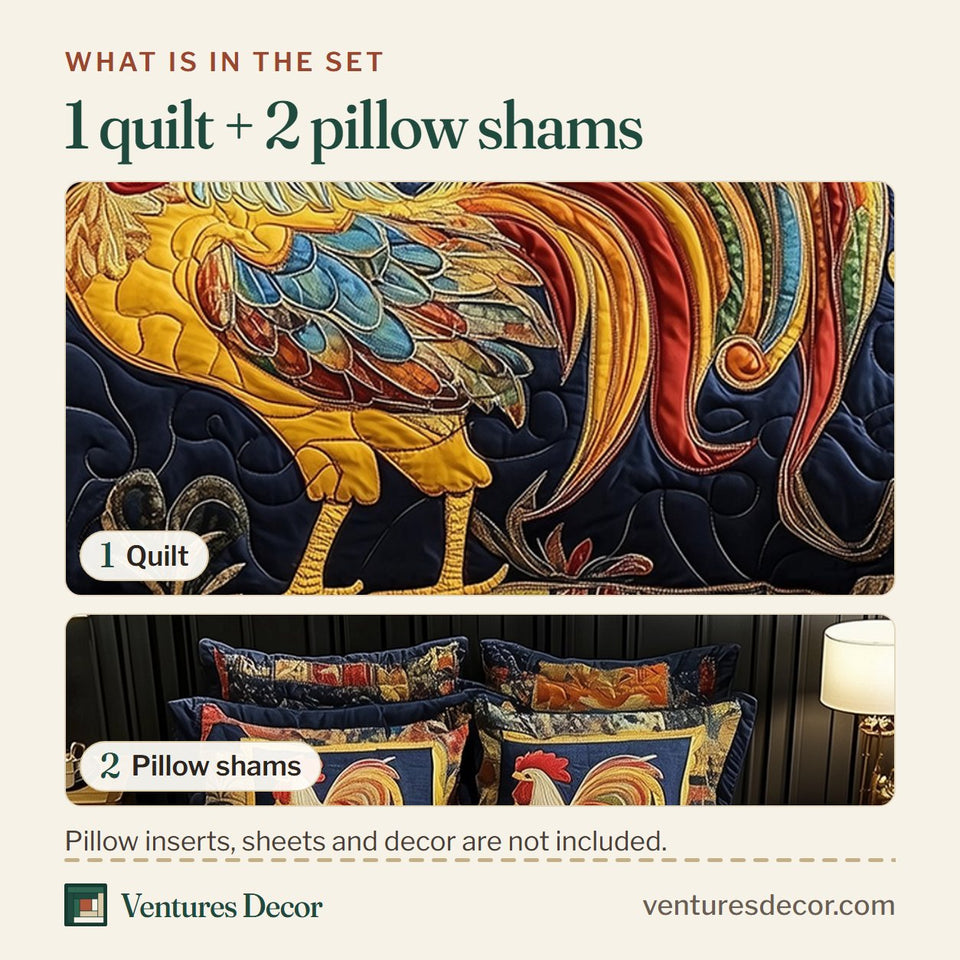 What is in the set: one quilt and two pillow shams, shown in the Flamboyant Rooster Strut design
