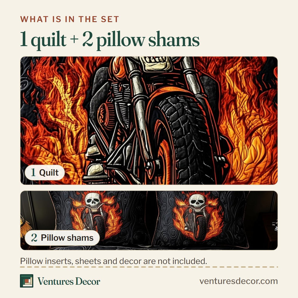 What is in the set: one quilt and two pillow shams, shown in the Flaming Skull Rider design