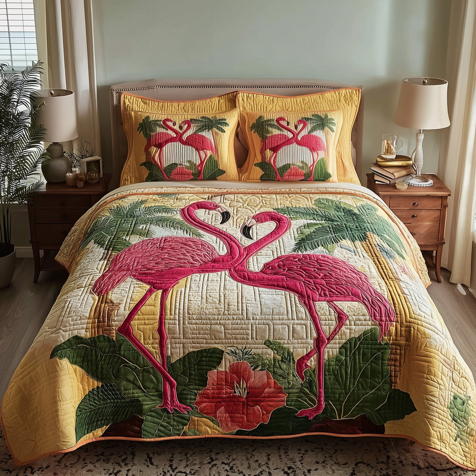 Flamingo Hibiscus Courtship quilted bedding set, quilt and two pillow shams on a made bed