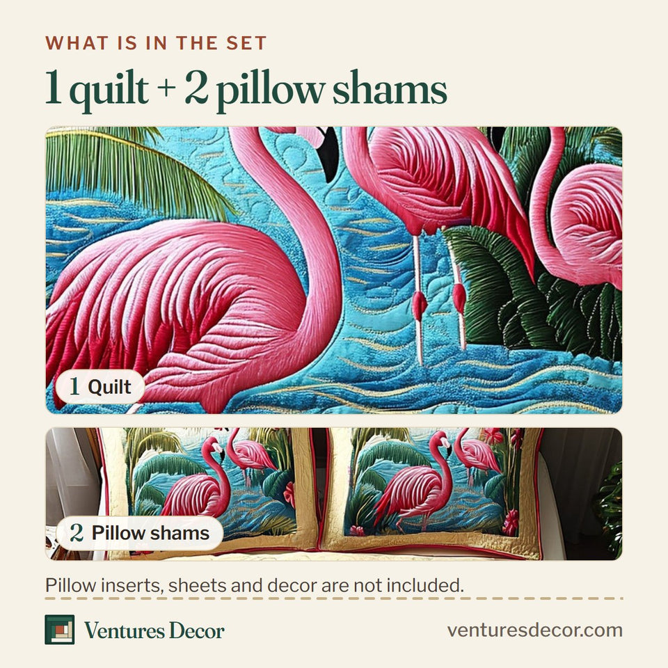 What is in the set: one quilt and two pillow shams, shown in the Flamingo Lagoon Palms design