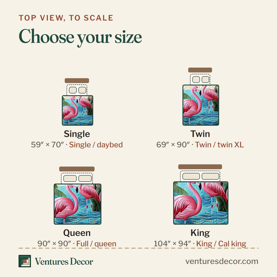 Size guide for the Flamingo Lagoon Palms quilt, top view to scale: Single 59 x 70 in, Twin 69 x 90 in, Queen 90 x 90 in, King 104 x 94 in